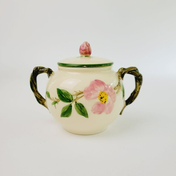Franciscan Desert Rose GREEN TRIM Sugar Bowl & Creamer Pink Floral c.1949-53 - Picture 2 of 9